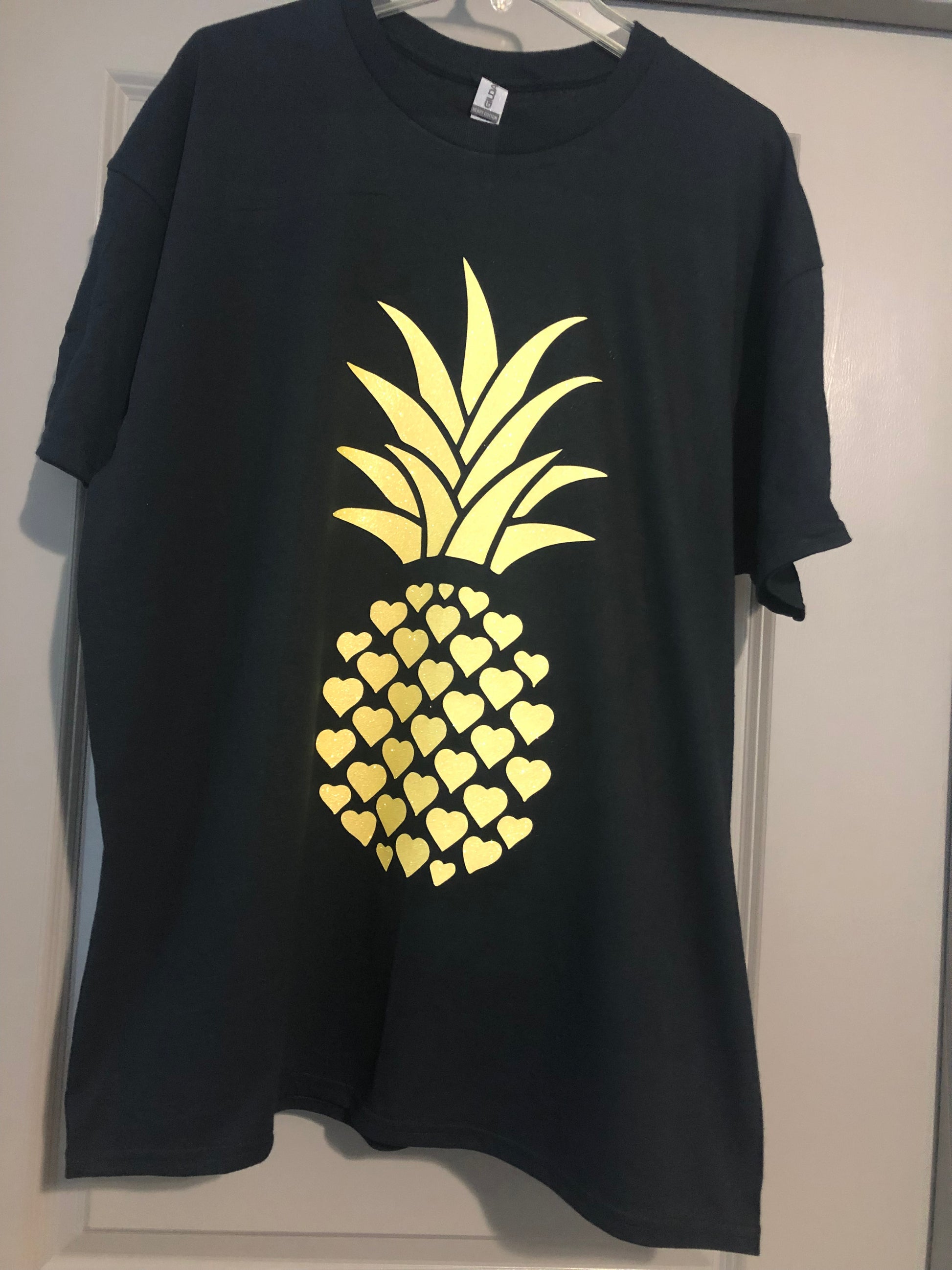 Black T-Shirt Yellow Glitter Pineapple Print
