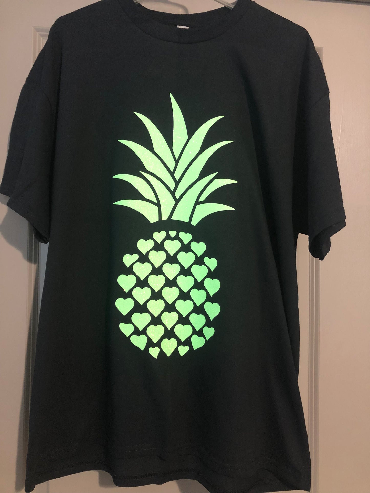 Black T-Shirt Green Glitter Pineapple Graphic Print